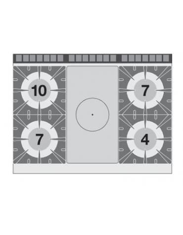 TUTTA PIASTRA + 4 FUOCHI SU FORNO GAS STATICO CM. 67X73X34H - PIASTRA CM. 37X73 - VANO NEUTRO CON PORTA - CM. 120X90X90H.