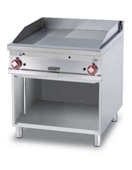 FRY-TOP 1/2 RIGATO + 1/2 LISCIO CROMATO GAS SU MOBILE A GIORNO - Piastra cm. 76x68 - 2 zone di cottura - CM. 80X90X90H.