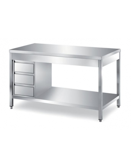 TAVOLO INOX CON CASSETTIERA LATERALE A 3 CASSETTI GN1/1 h 10 CM - CM 100X70X85H