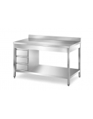 TAVOLO INOX CON CASSETTIERA LATERALE A 3 CASSETTI GN1/1 h 10 CM - CON ALZATINA - CM 120X70X85H