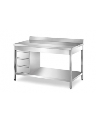 TAVOLO INOX CON CASSETTIERA LATERALE A 3 CASSETTI GN1/1 h 10 CM - CON ALZATINA - CM 120X70X85H