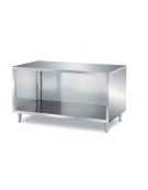 TAVOLO INOX A GIORNO CON SCHIENALE E PANNELLATURA SOTTOPIANO INOX - CM. 40X70X85H