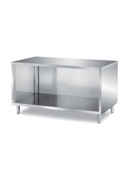 TAVOLO INOX A GIORNO CON SCHIENALE E PANNELLATURA SOTTOPIANO INOX - CM. 60X70X85H