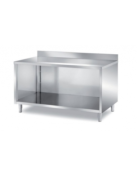 TAVOLO INOX A GIORNO CON SCHIENALE E PANNELLATURA SOTTOPIANO INOX - CON ALZATINA - CM. 40X70X85H