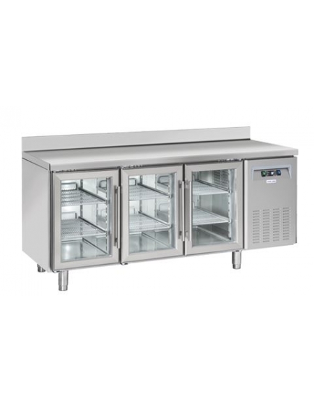 Tavolo refrigerato 3 porte a vetri con alzatina, in acciaio inox AISi 304, refrigerazione ventilata  - 179.5x60x96h