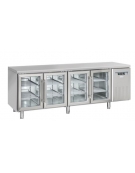 Tavolo refrigerato 4 porte a vetri, in acciaio inox AISi 304, refrigerazione ventilata - 223x60x86h