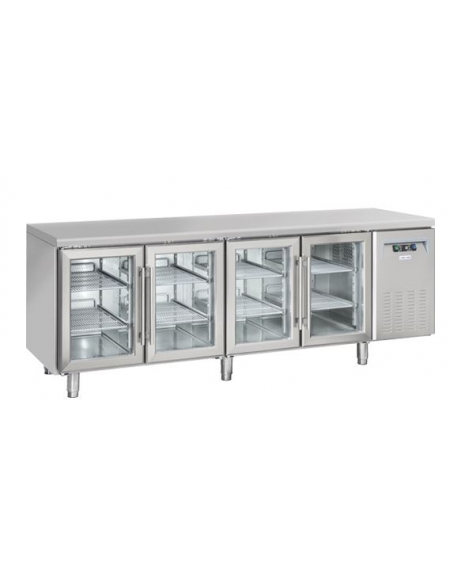 Tavolo refrigerato 4 porte a vetri, in acciaio inox AISi 304, refrigerazione ventilata - 223x60x86h