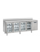 Tavolo refrigerato 4 porte a vetri con alzatina, in acciaio inox AISi 304, refrigerazione ventilata - 223x60x96h