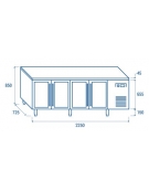 Tavolo refrigerato 4 porte a vetri, in acciaio inox AISi 304, refrigerazione ventilata - cm 223x70x86h