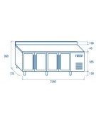 Tavolo refrigerato 4 porte a vetri con alzatina, in acciaio inox AISi 304, refrigerazione ventilata - cm 223x70x96h