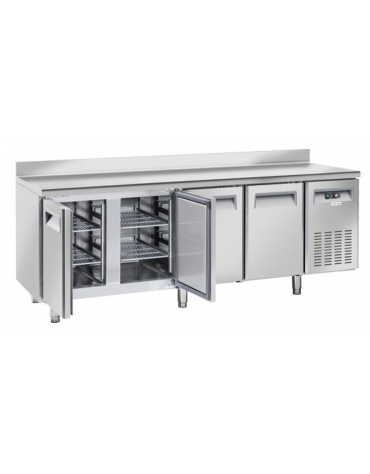 Tavolo refrigerato 4 porte con alzatina, in acciaio inox AISi 304, refrigerazione ventilata - cm 223x60x96h