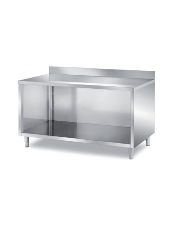 TAVOLO INOX A GIORNO CON SCHIENALE E PANNELLATURA SOTTOPIANO INOX - CON ALZATINA - CM. 160X70X85H