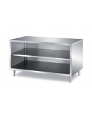 TAVOLO INOX A GIORNO CON SCHIENALE, RIPIANO INTERMEDIO E  PANNELLATURA SOTTOPIANO INOX - CM. 40X70X85H