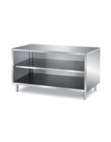 TAVOLO INOX A GIORNO CON SCHIENALE, RIPIANO INTERMEDIO E  PANNELLATURA SOTTOPIANO INOX - CM. 40X70X85H