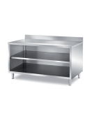 TAVOLO INOX A GIORNO CON SCHIENALE, RIPIANO INTERMEDIO E  PANNELLATURA SOTTOPIANO INOX - CON ALZATINA - CM. 40X70X85H