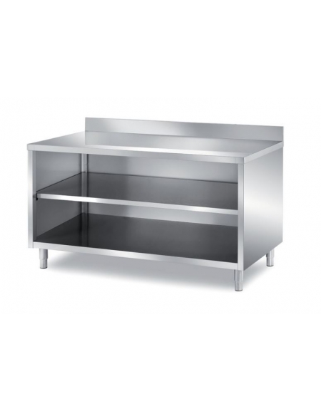 TAVOLO INOX A GIORNO CON SCHIENALE, RIPIANO INTERMEDIO E  PANNELLATURA SOTTOPIANO INOX - CON ALZATINA - CM. 110X70X85H