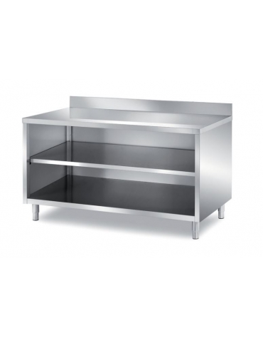 TAVOLO INOX A GIORNO CON SCHIENALE, RIPIANO INTERMEDIO E  PANNELLATURA SOTTOPIANO INOX - CON ALZATINA - CM. 130X70X85H