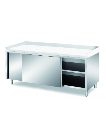 TAVOLO INOX PANETTERIA AMADIATO CON ANTE SCORREVOLI - CON PIANO E ALZATINE IN POLIETILENE - CM. 160X80X85H