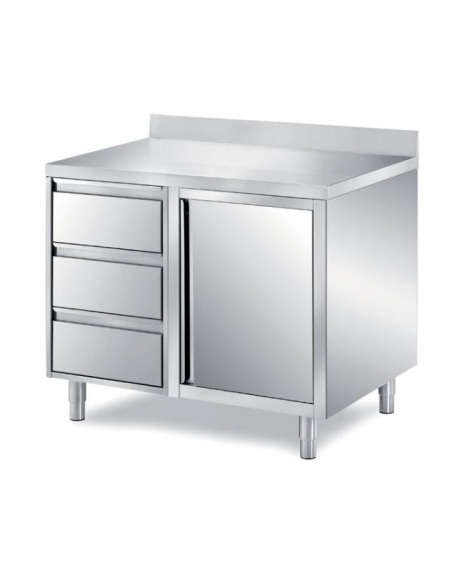 TAVOLO INOX CON CASSETTIERA A TRE CASSETTI E ANTA A BATTENTE - SENZA ALZATINA - CM. 100X70X85H