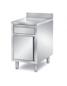 TAVOLO INOX A GIORNO CON CASSETTO SOTTO PIANO - CON ALZATINA - CM. 50X70X85H