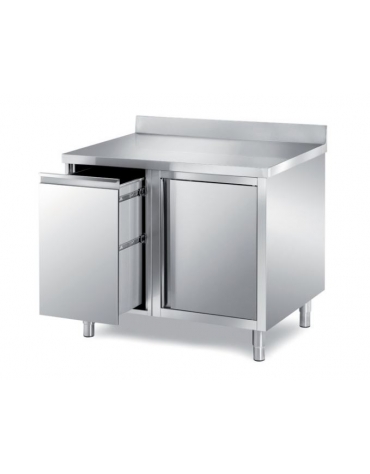 TAVOLO ARMADIATO INOX CON ANTA BATTENTE E CASSETTONE ESTRAIBILE - SENZA ALZATINA - CM. 90X70X85H