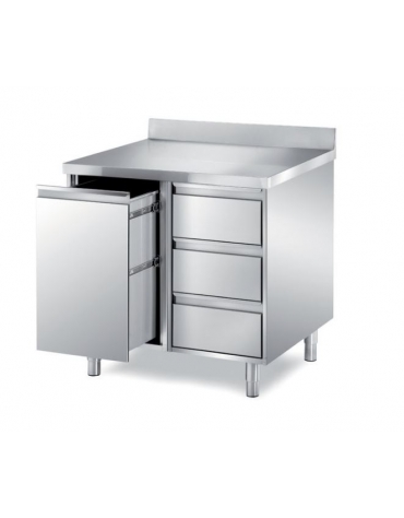 TAVOLO ARMADIATO INOX CON CASSETTIERA A TRE CASSETTI E CASSETTONE ESTRAIBILE - CON ALZATINA - CM. 90X70X85H