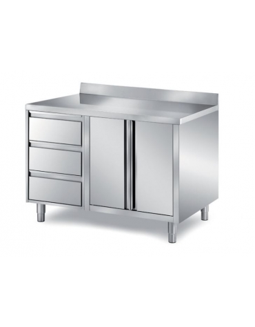 TAVOLO ARMADIATO INOX CON CASSETTIERA A TRE CASSETTI E DUE ANTE BATTENTI - SENZA ALZATINA - CM. 140X70X85H