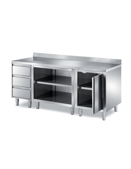 TAVOLO ARMADIATO INOX CON CASSETTIERA A TRE CASSETTI, ANTA BATTENTE E VANO A GIORNO - CON ALZATINA - CM. 160X70X85H