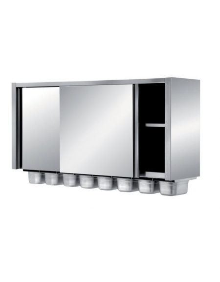 PENSILE A PARETE CON PORTE SCORREVOLI E CONTENITORI GN 1/4 H 100 MM - CM. 120X40X82H