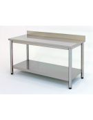 Tavolo inox su gambe tonde c/alzatina e ripiano cm. 90x60x85/90h