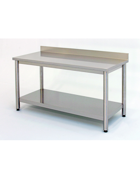 Tavolo inox su gambe tonde c/alzatina e ripiano cm. 130x60x85/90