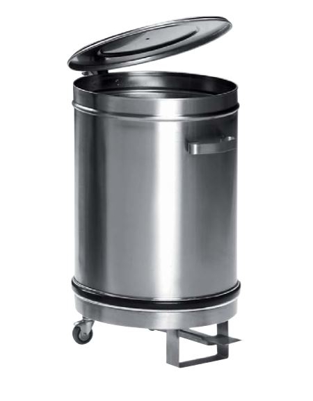 TRAMOGGIA INOX RACCOGLI RIFIUTI CON COPERCHIO E PEDALE - CARRELLATA - CAPACITA' 50 L - CM. Ø 39X60 H