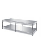 TAVOLO INOX CENTRALE CON 1 RIPIANO INFERIORE, ANGOLO RAGGIATO SU 2 FRONTI, BORDO H 60 MM - CM. 220X100X85H