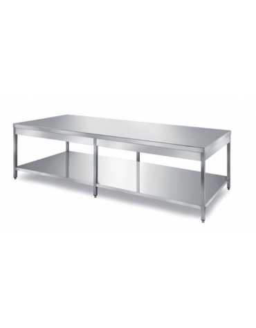 TAVOLO INOX CENTRALE CON 1 RIPIANO INFERIORE, ANGOLO RAGGIATO SU 2 FRONTI, BORDO H 60 MM - CM. 220X100X85H