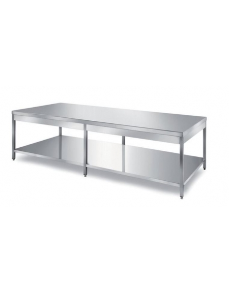 TAVOLO INOX CENTRALE CON 1 RIPIANO INFERIORE, ANGOLO RAGGIATO SU 2 FRONTI, BORDO H 60 MM - CM. 220X100X85H