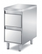 TAVOLO INOX CASSETTIERA A 2 CASSETI, ANGOLO RAGGIATO SU 1 FRONTE, BORDO H 60 MM - CM. 45X70X85H