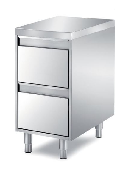 TAVOLO INOX CASSETTIERA A 2 CASSETI, ANGOLO RAGGIATO SU 1 FRONTE, BORDO H 60 MM - CM. 65X70X85H