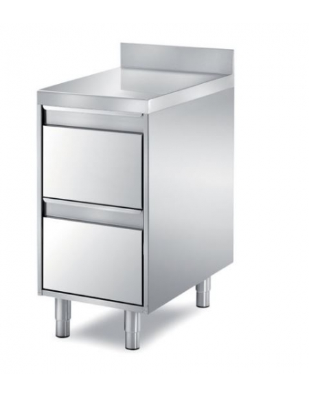 TAVOLO INOX CASSETTIERA A 2 CASSETI CON ALZATINA, ANGOLO RAGGIATO SU 1 FRONTE, BORDO H 60 MM - CM. 45X70X85H