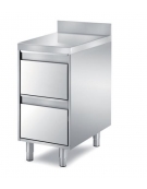 TAVOLO INOX CASSETTIERA A 2 CASSETI CON ALZATINA, ANGOLO RAGGIATO SU 1 FRONTE, BORDO H 60 MM - CM. 45X80X85H