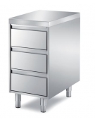 TAVOLO INOX CASSETTIERA A 3 CASSETI, ANGOLO RAGGIATO SU 1 FRONTE, BORDO H 60 MM - CM. 45X70X85H