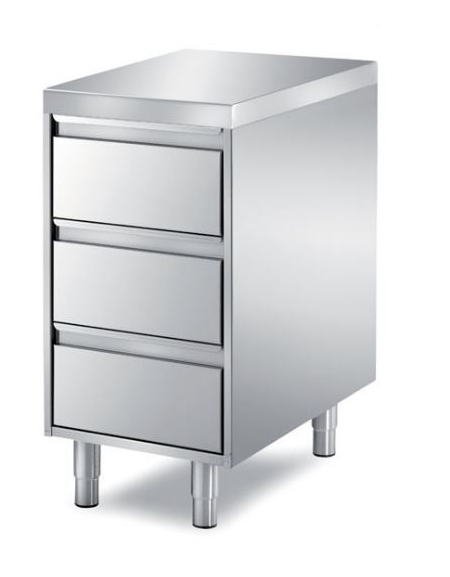 TAVOLO INOX CASSETTIERA A 3 CASSETI, ANGOLO RAGGIATO SU 1 FRONTE, BORDO H 60 MM - CM. 65X70X85H