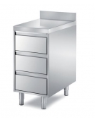 TAVOLO INOX CASSETTIERA A 3 CASSETI CON ALZATINA, ANGOLO RAGGIATO SU 1 FRONTE, BORDO H 60 MM - CM. 55X70X85H