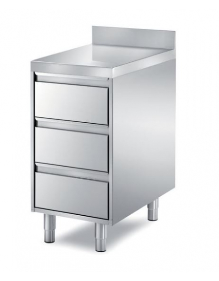 TAVOLO INOX CASSETTIERA A 3 CASSETI CON ALZATINA, ANGOLO RAGGIATO SU 1 FRONTE, BORDO H 60 MM - CM. 65X90X85H