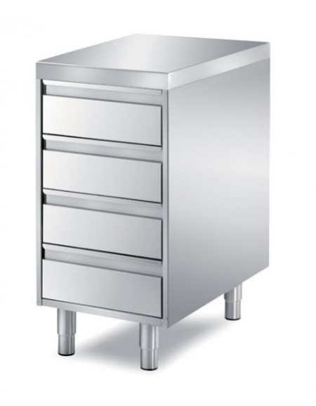 TAVOLO INOX CASSETTIERA A 4 CASSETI, ANGOLO RAGGIATO SU 1 FRONTE, BORDO H 60 MM - CM. 45X70X85H