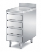 TAVOLO INOX CASSETTIERA A 4 CASSETI CON ALZATINA, ANGOLO RAGGIATO SU 1 FRONTE, BORDO H 60 MM - CM. 45X70X85H