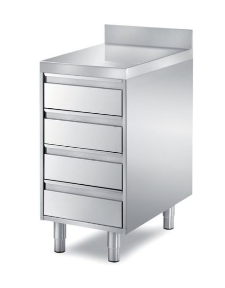 TAVOLO INOX CASSETTIERA A 4 CASSETI CON ALZATINA, ANGOLO RAGGIATO SU 1 FRONTE, BORDO H 60 MM - CM. 55X70X85H