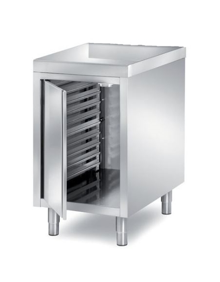 TAVOLO ARMADIATO INOX AISI 304 CON 1 ANTA A BATTENTE CON PORTATEGLIE 40X60  CM, ANGOLO RAGGIATO SU 1 FRONTE - CM. 50X90X87H