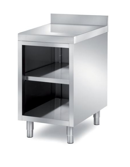 TAVOLO ARMADIATO INOX AISI 304 A GIORNO CON RIPIANO INTERMEDIO, CON  ALZATINA, ANGOLO RAGGIATO SU 1 FRONTE - CM. 50X70X87H