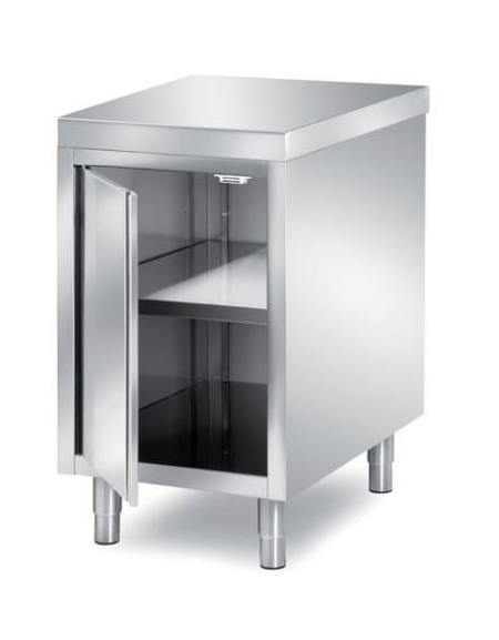 TAVOLO ARMADIATO INOX AISI 304 CON 1 ANTA A BATTENTE, ANGOLO RAGGIATO SU 1  FRONTE - CM. 60X80X87H