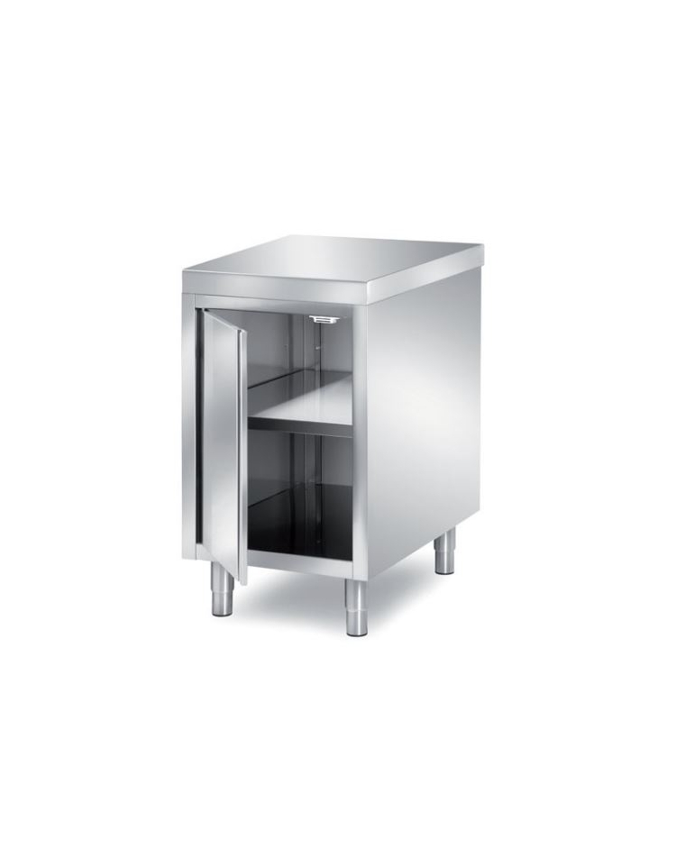 TAVOLO ARMADIATO INOX AISI 304 CON 1 ANTA A BATTENTE, ANGOLO RAGGIATO SU 1  FRONTE - CM. 70X90X87H